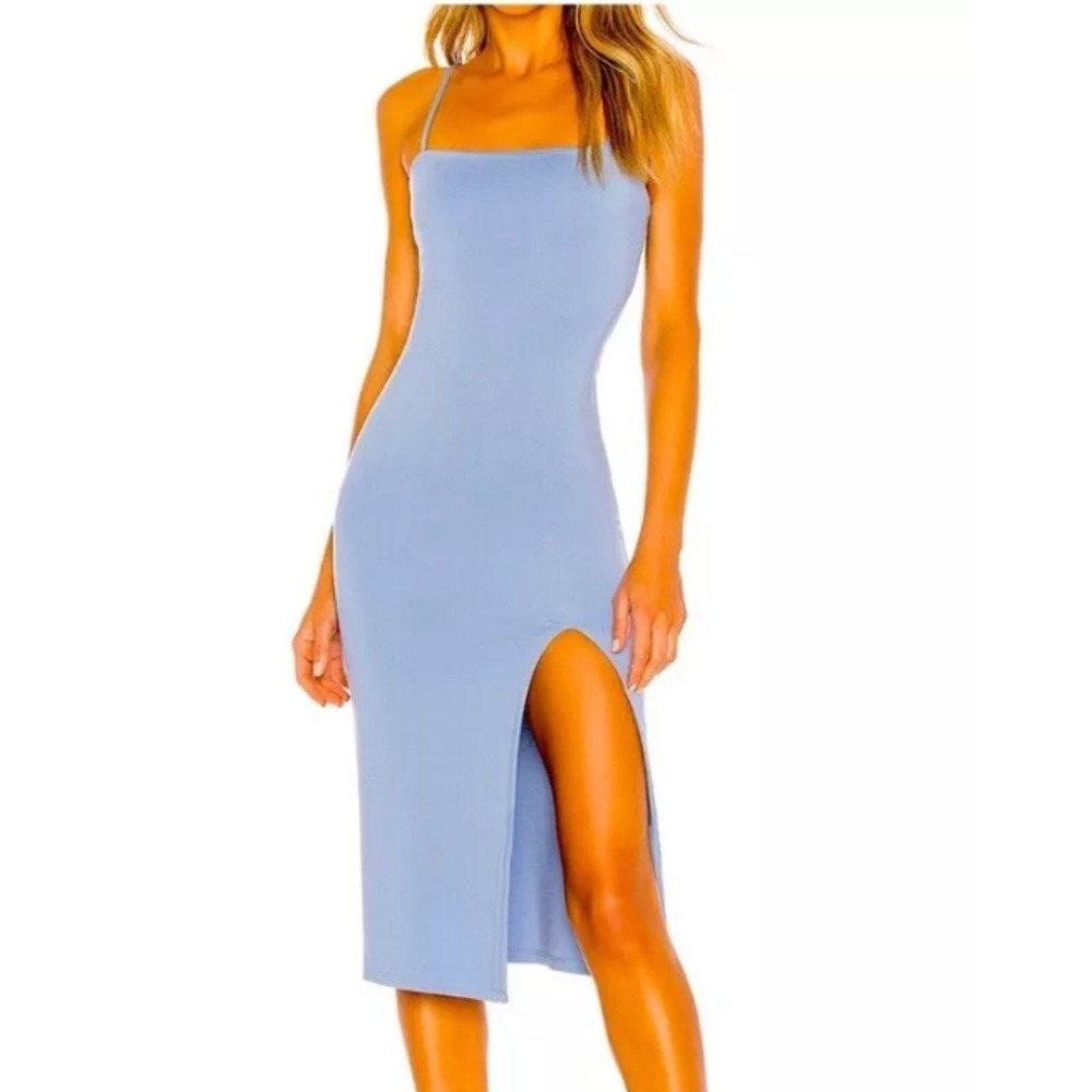 Lovers and Friends Midi Dress Women S Blue Side Slit Spaghetti Strap Bodycon